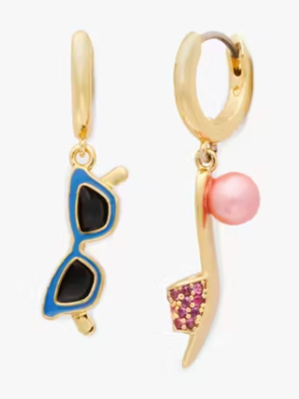 kate spade Gold Hoop Earrings with Blue Sunglasses and Pink Pearl Dangle
